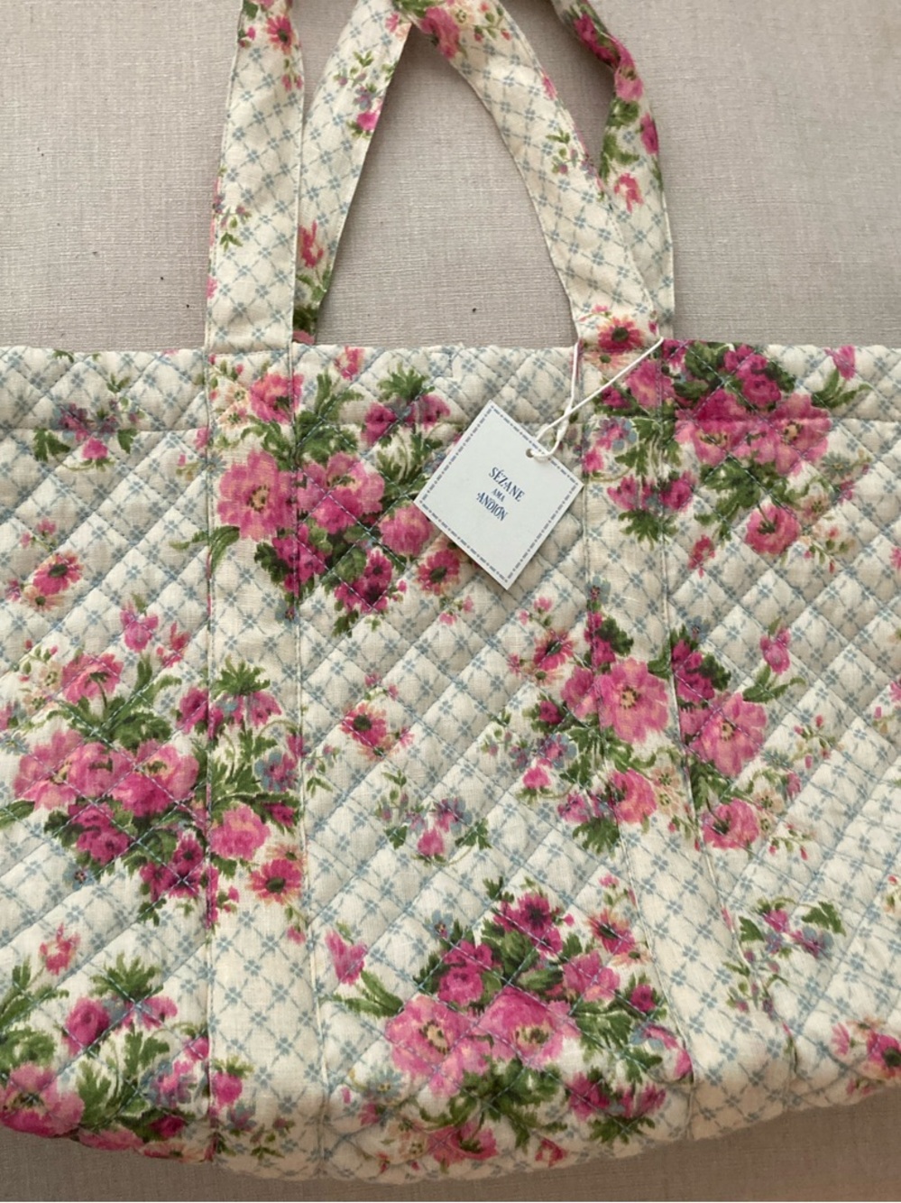 Sezane Quilted Cream Tote with Pink Floral Print